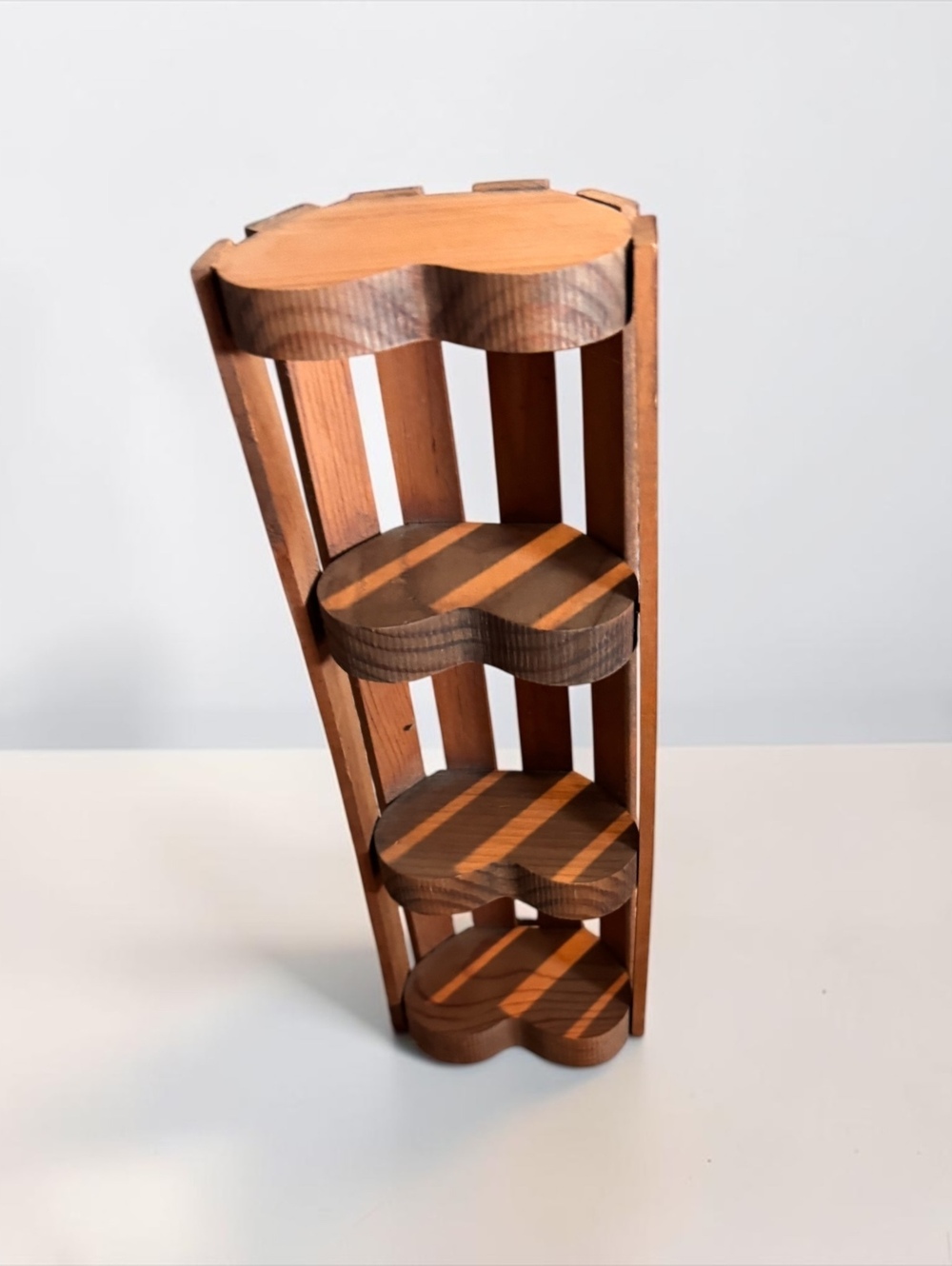 Mid-Century Modern Wooden Corner Shelf with Heart-Shaped Tiers